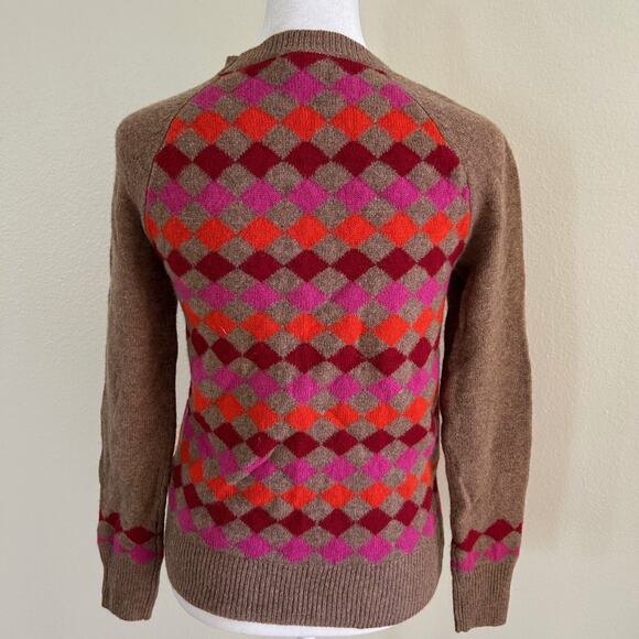 J Crew Sweater Pullover 100% Lambs Wool Brown Multi Diamond Pattern SZXXS - Picture 7 of 12